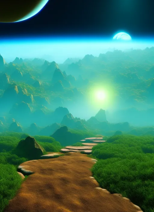 mysterious adventure on a new planet with fauna showing a pathway 