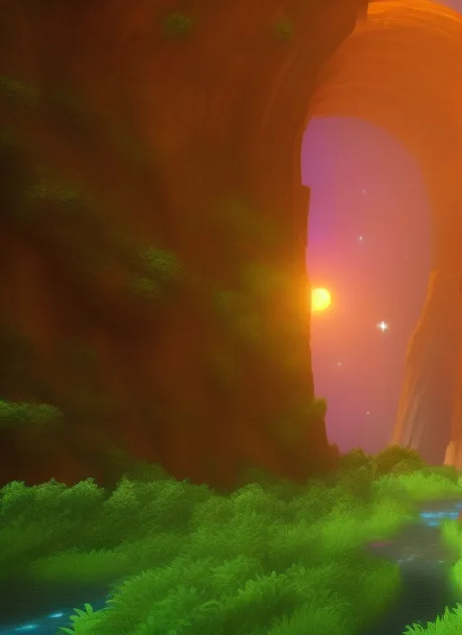 mysterious adventure on a new planet with fauna showing a entrance to a Portal in the centre