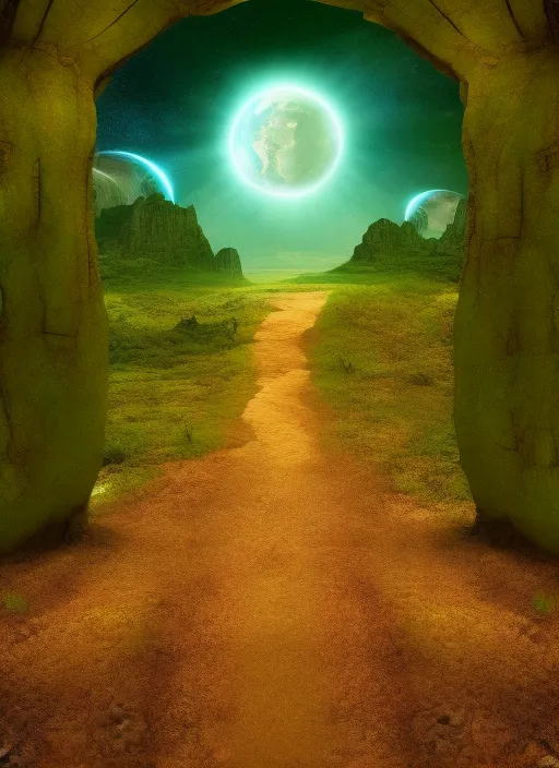 Portal to a mysterious adventure on a new planet with fauna showing a endless pathway 