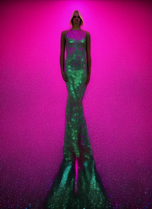 futuristic  model wearing a hot pink glitter dress walking the digital runway,  retrowave, synthwave, 8k, hyper realistic 