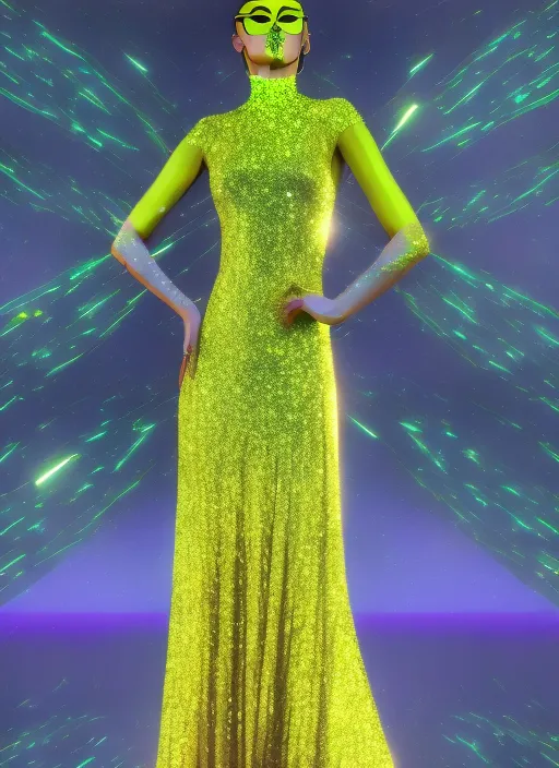 futuristic model wearing a neon yellow glitter dress walking the digital runway, retrowave, synthwave, 8k, Land art, acting headshot, celestial 