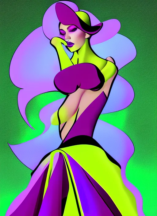  celestial futuristic model wearing a neon yellow glitter extra long tail dress with a hat, walking the digital runway, retrowave, synthwave, 8k, Land art, acting headshot, celestial. verdant, 8k, semi realistic gouache painting, cyberpunk art, hdri, art, semi realistic gouche, attractive, in pastel lilac solid color and thick uneven outline, high res beautiful lighting, comic book cover