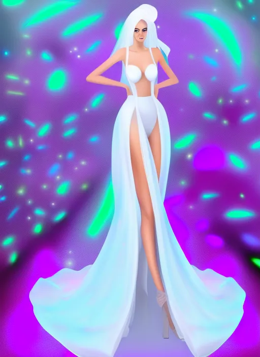 celestial futuristic beautiful girl model wearing a white glitter extra long tail wedding dress, walking the digital runway, retrowave, synthwave, 8k, Land art, acting headshot, celestial. verdant, 8k, semi realistic gouache painting, cyberpunk art,  cyberpunk art, hdri, art, semi realistic gouche, attractive, in a pastel lilac solid color and thick uneven outline, high res beautiful lighting, comic book cover. isometric top down left view