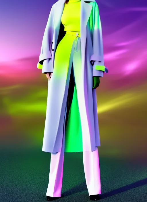 celestial futuristic beautiful girl model wearing a neon yellow wool trench coat and wide leg pants, walking a surreal digital runway, synthwave, 8k, Land art, acting headshot, celestial. verdant, 8k, hdri, art, semi realistic gouche, attractive, in a pastel lilac solid color and thick uneven outline, high res beautiful lighting, comic book cover, lovely, intricate details, cinematic lighting, detail render, cinematic lighting 