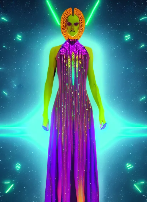 celestial futuristic model wearing a neon yellow glitter dress walking the digital runway, synthwave, 8k, Land art, acting headshot, verdant, semi realistic gouache painting, cyberpunk art, RGB