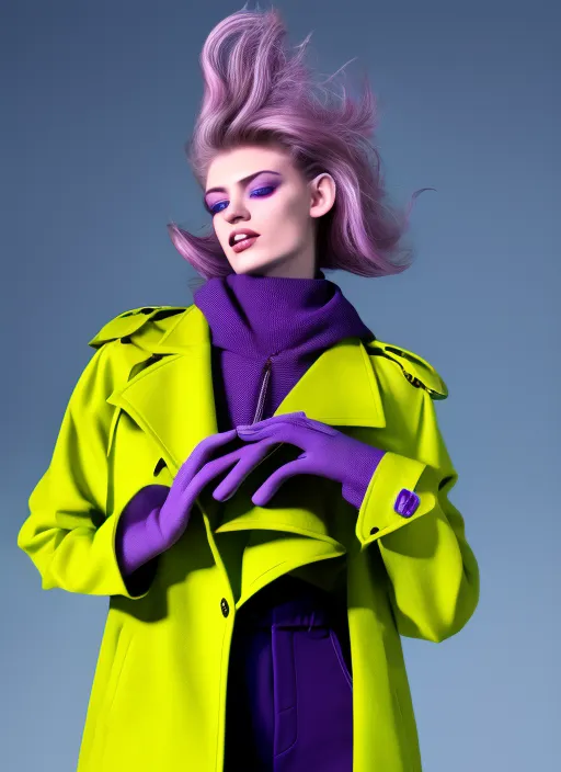 estial futuristic beautiful girl model wearing a neon yellow wool trench coat and wide leg pants, walking a surreal digital runway, synthwave, 8k, Land art, acting headshot, celestial. verdant, 8k, hdri, art, semi realistic gouche, attractive, in a pastel lilac solid color and thick uneven outline, high res beautiful lighting, comic book cover, futuristic galaxy cyberpunk beautiful girl model wearing neon yellow kimono with  ovely intricate details, walking on a hot pink runway with cinematic lighting, detail render, award winning, 8k photography