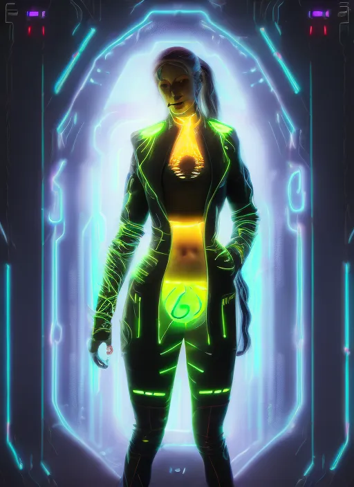 futuristic galaxy cyberpunk beautiful girl model wearing neon yellow puffer jacket with intricate details, cinematic lighting, detail render, award winning, 8k photography. by senior character artist, glowing with colored light, ultra detailed