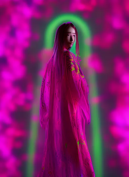 Celestial galaxy chill wave beautiful girl model wearing neon yellow kimono with with intricate details, walking on a hot pink runway with cinematic lighting, detail render, award winning, 8k photography. by senior character artist, glowing with colored light