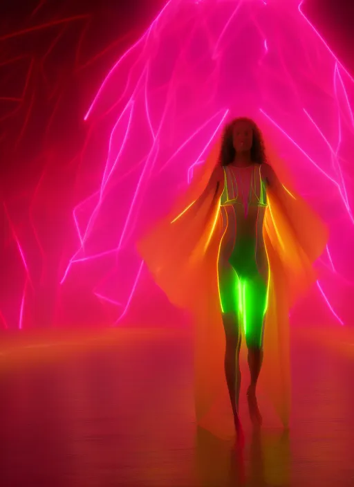 futuristic tropical chill wave landscape, a beautiful girl model wearing neon yellow bathing suit with silk robe, intricate details, walking on a hot pink runway with cinematic lighting, detail render, award winning, 8k photography. by senior character artist, glowing with colored light