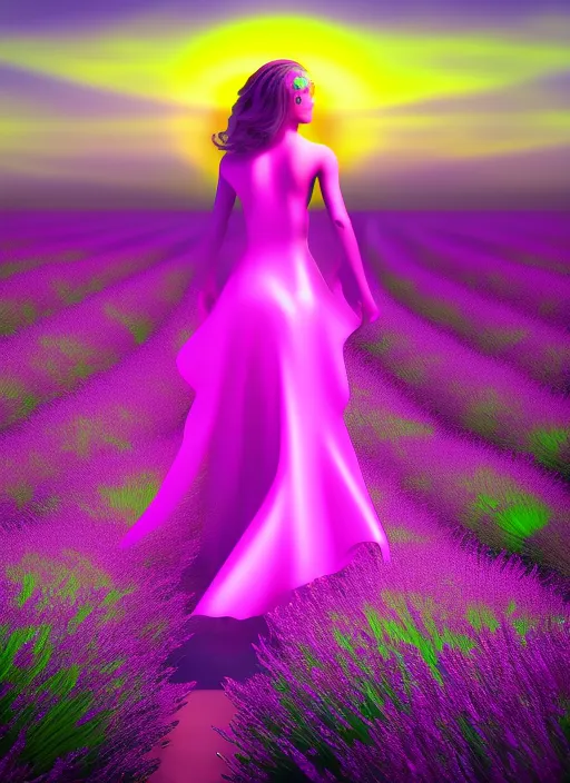  Celestial tropical chill wave beautiful girl model wearing neon yellow dress , intricate details, walking on a hot pink runway with cinematic lighting, detail render, award winning, 8k photography. by senior character artist, glowing with colored light. lavender 