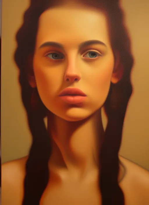 a face portrait of a beautiful girl enjoying the warm sunlight, aztec setting, close - shot, symmetrical face, warm colors, soft lighting, atmospheric, cinematic, moody, in the style of diego koi, gina heyer, luiz escanuela, art by alyssa monk, hyperrealism, rule of thirds, golden ratio, oil on canvas, 8 k