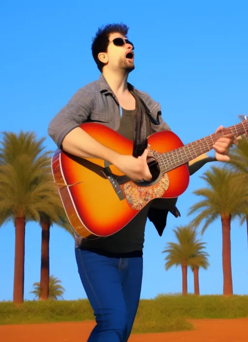 A man is walking under blue sky with a guitar, singing