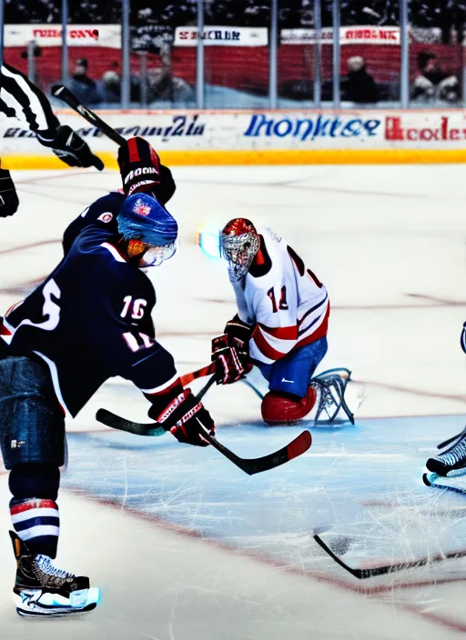 Man scoring a goal in ice hockey, the hockey puck explodes when the man hits the puck.