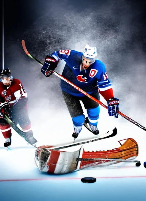 Man scoring a goal in ice hockey, the hockey puck explodes when the man hits the puck.