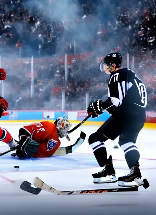 Man scoring a goal in ice hockey, the hockey puck explodes when the man hits the puck.