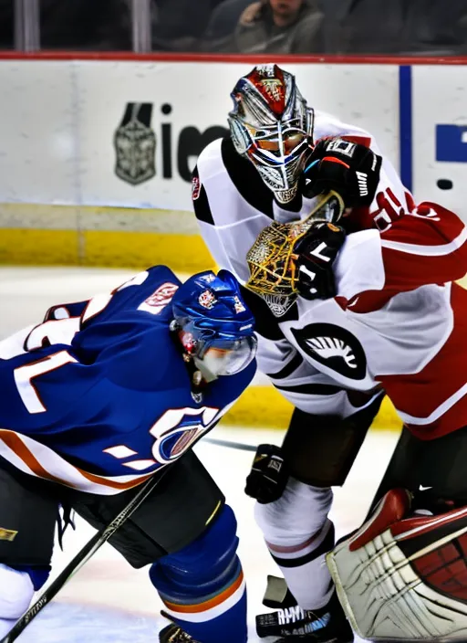 Man hits the hockey puck so hard it smashes through the goalies face mask.