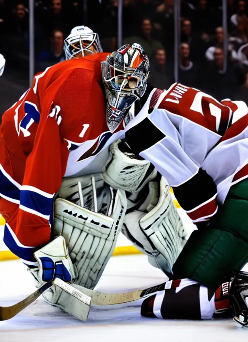 Man hits the hockey puck so hard it smashes through the goalies face mask.