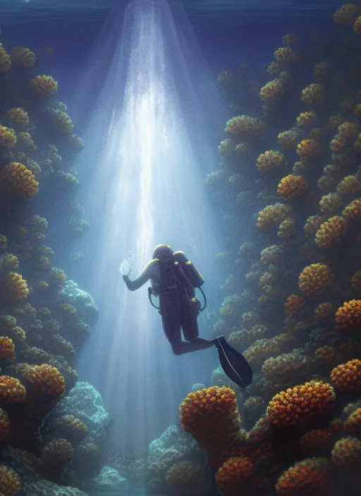 a deep sea diver below the surface, rays of sun flowing down into water, reef below