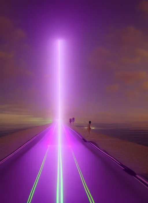 Night time Tropical chillwave landscape, a beautiful girl model wearing a neon yellow bathing suit with a silk robe,  walking on a lilac illuminated highway. cinematic lighting, detail render, award winning, 8k photography. by senior character artist, glowing with colored light.