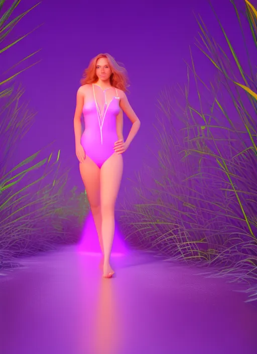 Nightime Tropical landscape chill wave beautiful girl model wearing neon yellow swimsuit with silk robe , intricate details, walking on a glowing lilac runway with cinematic lighting, detail render, award winning, 8k photography. by senior character artist, glowing with colored light lavender 