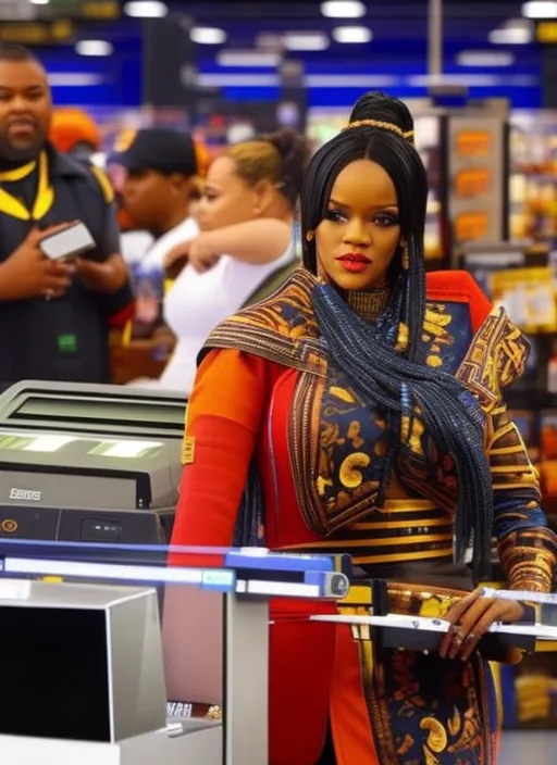 rihanna as a cashier from walmart with a checkout line