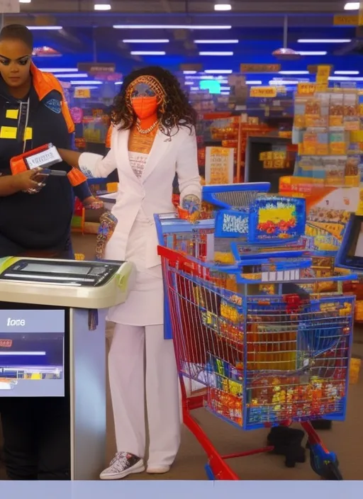 rihanna as a cashier from walmart with a checkout line