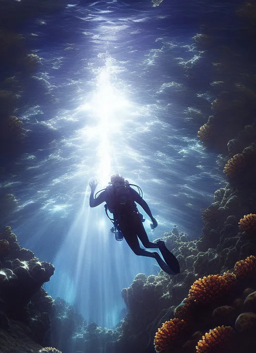 “a deep sea diver below the surface, rays of sun flowing down into water, reef below. a deep sea diver below the surface, rays of sun flowing down into water, reef below. concept art, natural”. “a deep sea diver below the surface, rays of sun flowing down into water, reef below. a deep sea diver below the surface, rays of sun flowing down into water, reef below. concept art, natural”. award winning photography, comic book cover