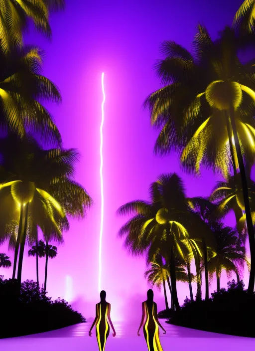 Nighttime chill wave beautiful girl model wearing neon yellow swimsuit with extra long silk robe, intricate details, walking on a glowing lilac runway with cinematic lighting Tropical Palm trees landscape with fireworks in the background, detail render, award winning, 8k photography. by senior character artist, glowing with colored lavender water color.