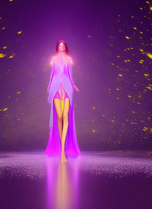 futuristic tropical chill wave landscape, a beautiful girl model wearing neon yellow glitter bathing suit with silk long robe, intricate details, walking on a dark runway with cinematic lighting, detail render, award winning, 8k photography. by senior character artist, glowing with colored lilac light.