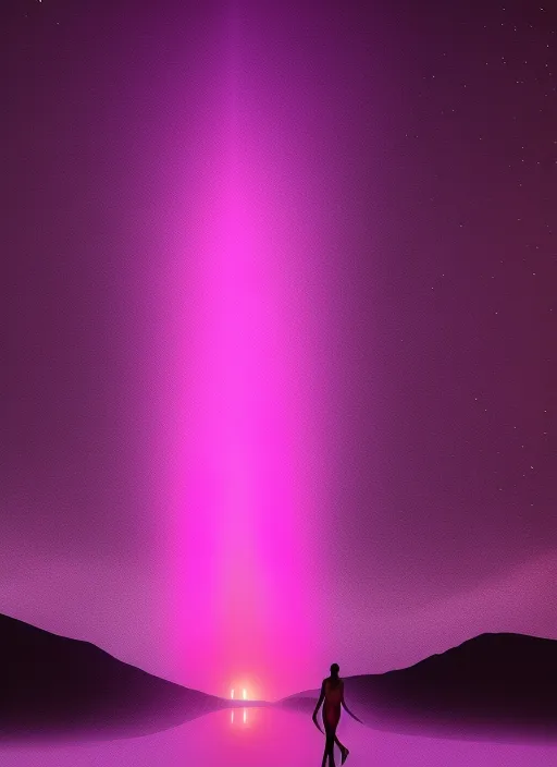 beautiful girl wearing a hot pink bathing suit with a long silk robe, she is walking the runway and a glowing celestial light follows her in the hot pink glowing runway, 8K photography, watercolor tropical chillwave background at night