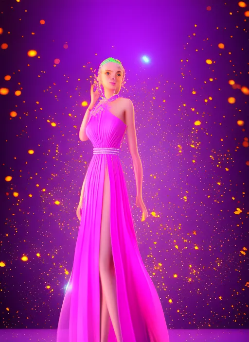 Celestial galaxy chill wave beautiful girl model wearing neon yellow dress with with intricate details, walking on a hot pink runway with cinematic lighting, detail render, award winning, 8k photography. by senior character artist, glowing with colored light lavender