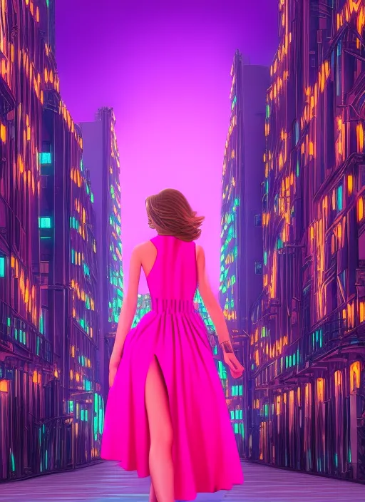 realistic beautiful girl model girl wearing a hot pink dress walking down a surreal city, synthwave, 8k, semi realistic gouche, attractive, thick uneven outline, high res, beautiful lighting, comic book cover, full shot 
