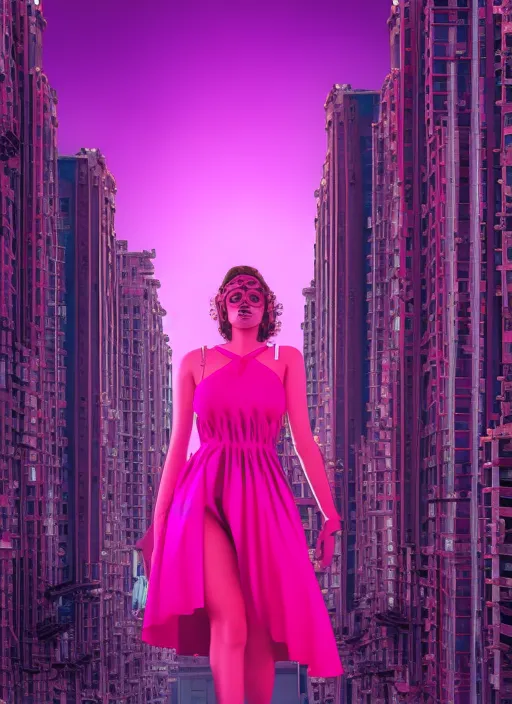 realistic beautiful girl model girl wearing a hot pink dress walking down a surreal city, synthwave, 8k, semi realistic gouche, attractive, thick uneven outline, high res, beautiful lighting, comic book cover, full shot 