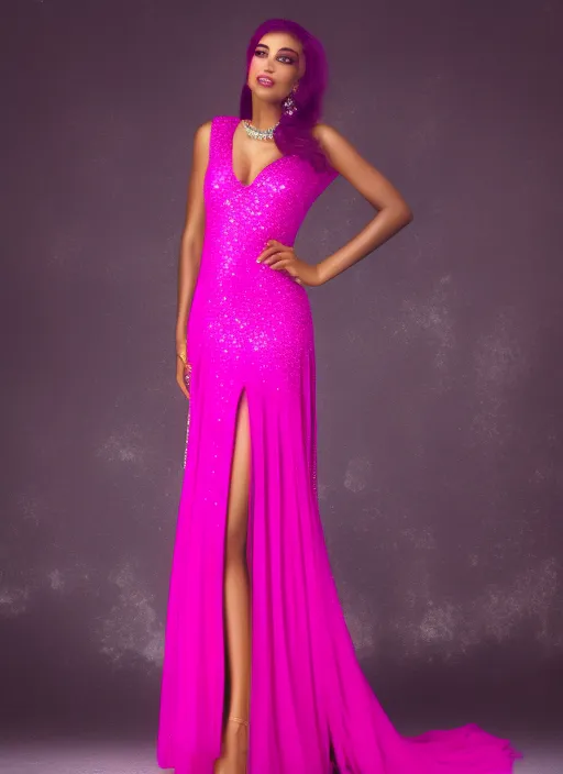 latina girl model wearing a hot pink glitter dress. 