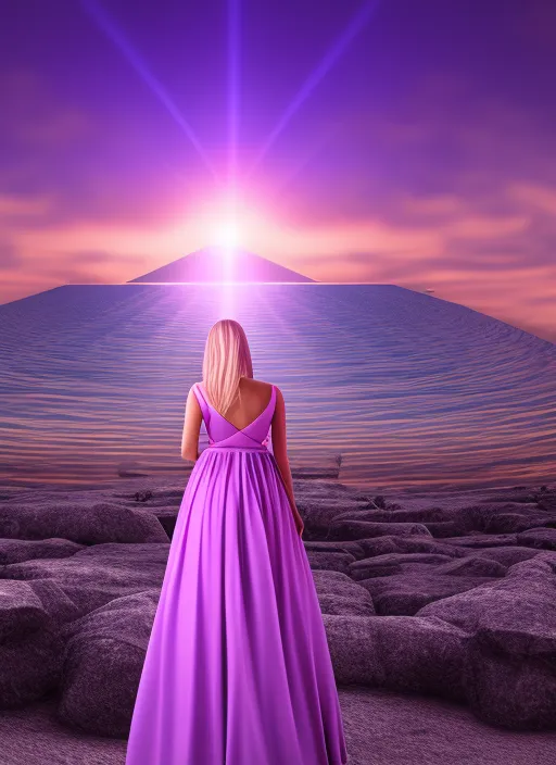 tropical chillwave landscape and a beautiful fashion girl walking down the horizon at sunset , chillwave, 8k  synthwave, 8k, Land art, acting headshot, celestial. verdant, 8k, hdri, art, semi realistic gouche, attractive, in a pastel lilac solid color and thick uneven outline, high res beautiful lighting, comic book cover, lovely, intricate details, cinematic lighting, detail render, digital runway, synthwave, 8k, award winning photography,full shot 