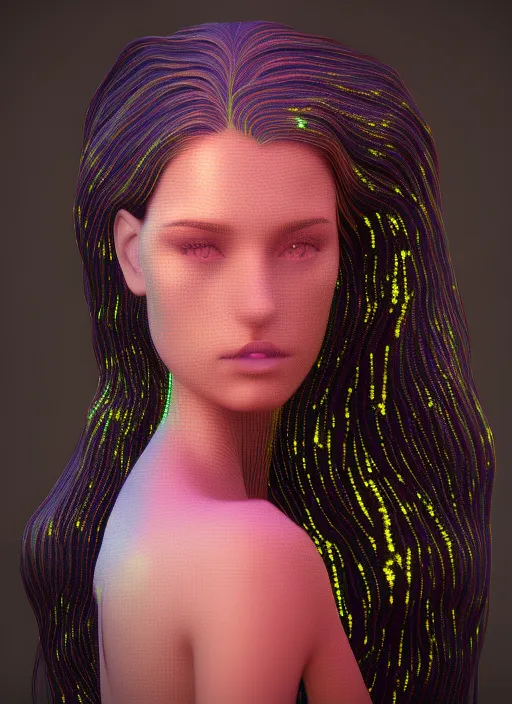realistic, long hair beautiful woman, wearing a neon yellow glitter dress, glowing hair, ornate hair, 3 d model, cinematic light shadows, wet hdr refractions, insanely detailed rendering, artstation, 8 k,