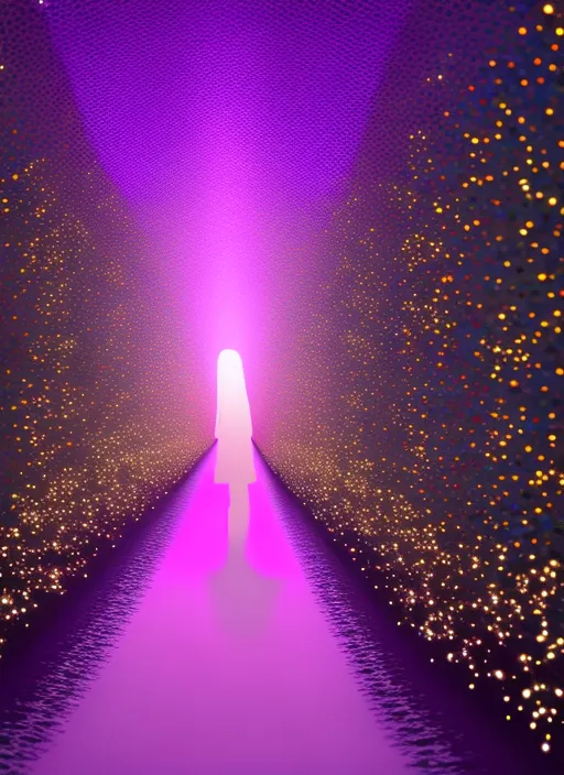 surreal tropical neon yellow runway landscape, a beautiful model walking towards the screen and flippling her hair as she walks and gets closer, she is wearing hot pink glitter dress with long tail and a matching glitter hat, ultra realistic, cinematic lighting, detail render, award winning, 8k photography. by senior character artist, glowing with colored lavender light