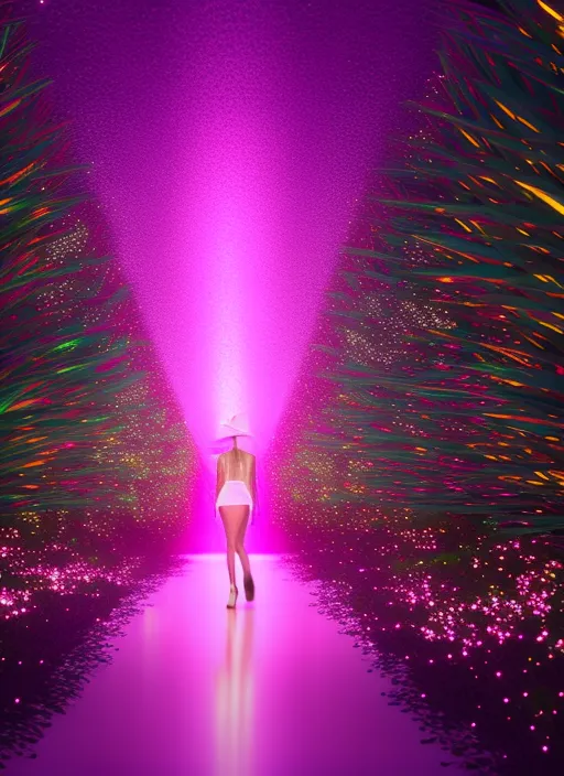 surreal tropical neon yellow runway landscape, a beautiful model walking towards the screen and flippling her hair as she walks and gets closer, she is wearing hot pink glitter dress with long tail and a matching glitter hat, ultra realistic, cinematic lighting, detail render, award winning, 8k photography. by senior character artist, glowing with colored light