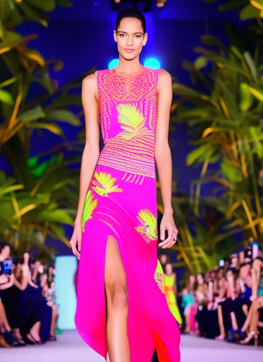 The runway was transformed into a neon tropical paradise, with vibrant hues of pink, orange, and green illuminating the catwalk. Models sashayed down the runway in pieces featuring bold prints reminiscent of a tropical landscape, with palm trees, exotic flowers, and lush foliage. The designs incorporated a mix of materials, including lightweight fabrics for a breezy, beachy feel, and iridescent accents that caught the light and added a futuristic touch. As the models walked, a chillwave soundtrack set the vibe, creating an immersive and electrifying experience for the audience. The nighttime setting added an extra layer of drama, with the bright neon lights creating a surreal and captivating atmosphere.