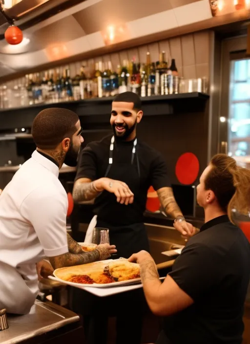 Drake serving food as a waiter in a Restaurant 