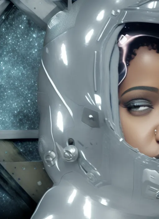 close up of rihanna wearing an Astronaut helmet