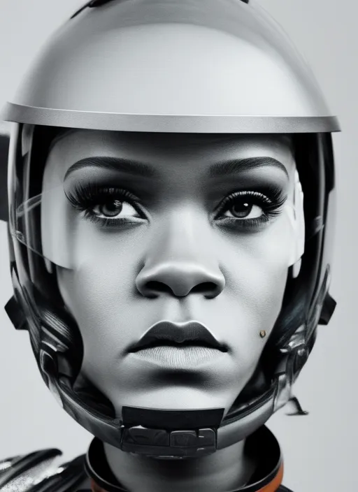 close up of rihanna wearing an Astronaut helmet