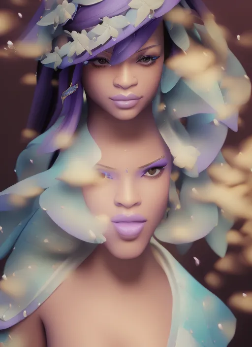 close up of rihanna wearing the blue shark outfit ,lavender, 8k, cgsociety, Digital art, ethereal lighting