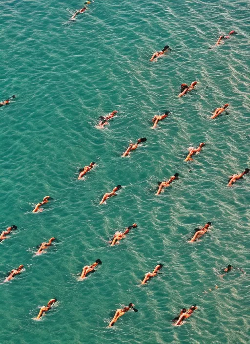 aerial view of triathletes swimming in the ocean in formation