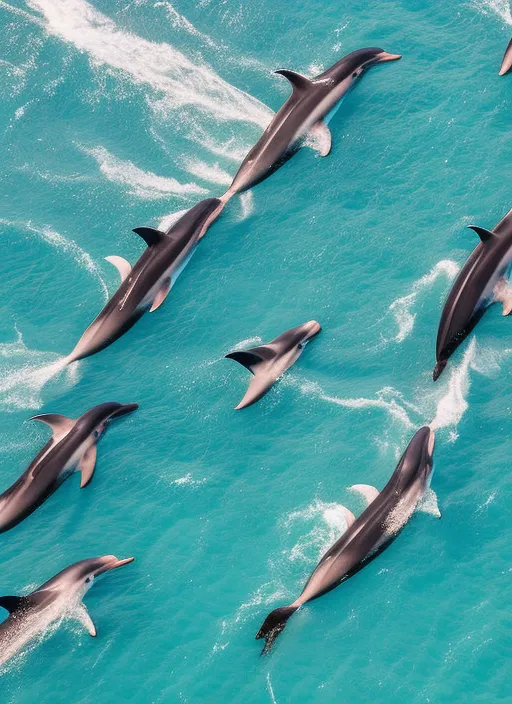 aerial view of triathletes swimming in the ocean in formation with dolphins