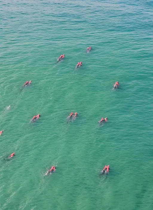 aerial view of triathletes swimming with dolphins in the ocean in formation