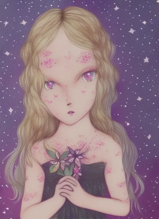 Under the starry sky, a lovely little girl, holding a song of flowers, big eyes, blonde hair.