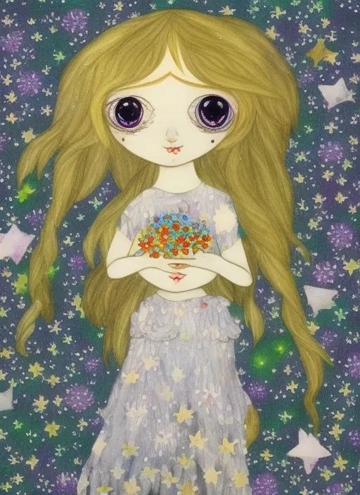 Under the starry sky, a lovely little girl, holding a song of flowers, big eyes, blonde hair.
