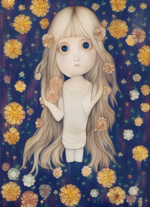 Under the starry sky, a lovely little girl, holding a song of flowers, big eyes, blonde hair. 