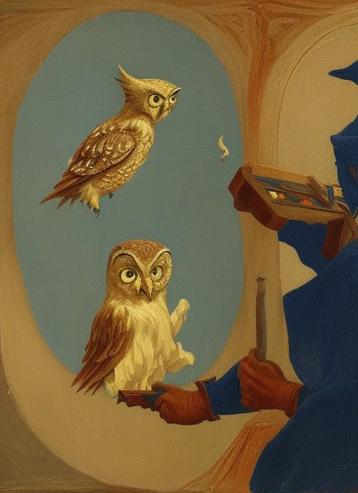 A painting of a teenage wizard and his owl